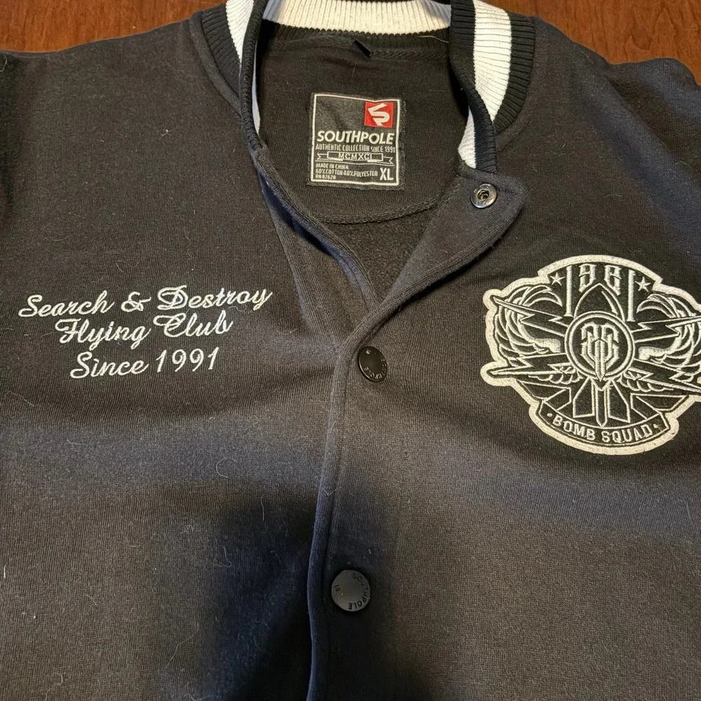 Southpole Varsity Jacket Black Camo Sleeve Button Up Streetwear XL‎